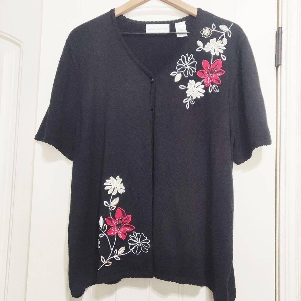 Alfred Dunner Short Sleeve Embroidered Cardigan - Cotton/Acrylic Blend - Size XL